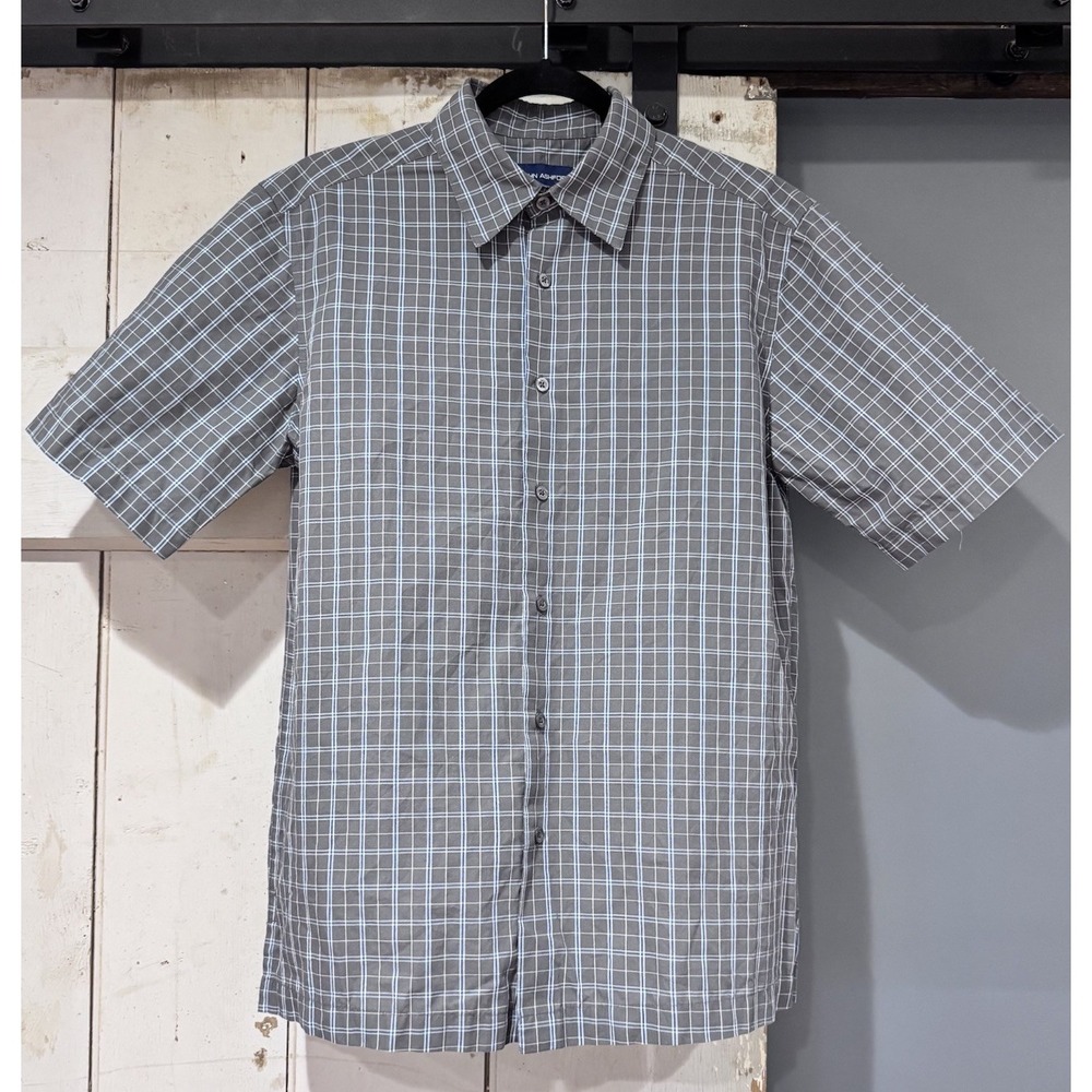 John Ashford SS Button Up Collared‎ Shirt Men's Sm Blue Gray Plaid